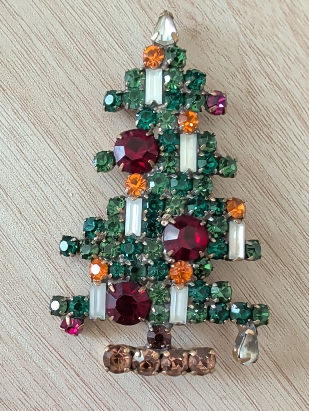 Vintage Weiss Crystal Christmas Tree Brooch- Green, Red & Orange